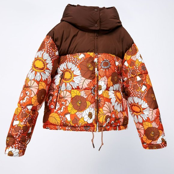 Zara Jackets & Blazers - Zara Floral Brown and Orange Puffer